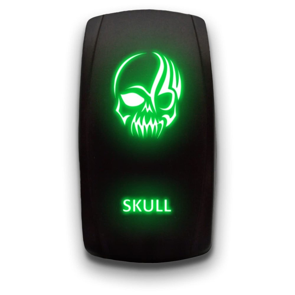 Skull (2) - Green - Laser Etched 5-Pin Double Pole Single Throw Maintained ON-Off DPST Toggle Switch 20A 12V