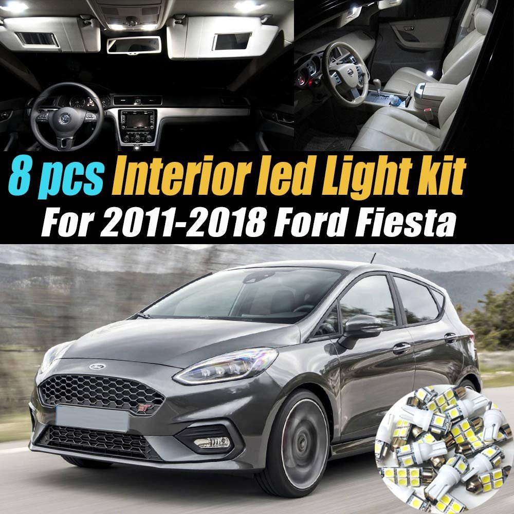 8Pc Super White 6000k Car Interior LED Light Bulb Kit Pack Compatible for 2011-2018 Ford Fiesta