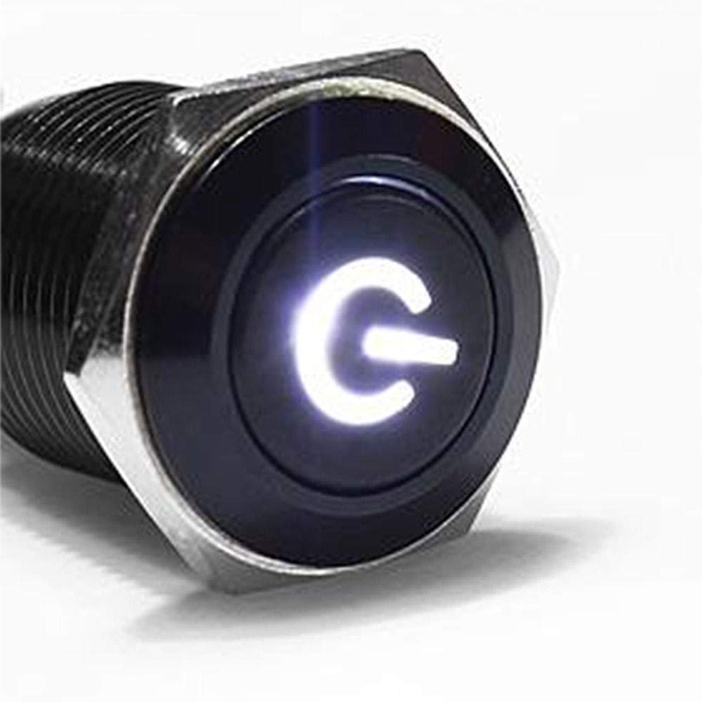1PC Black Case 16mm White Power Symbol LED 12V Push Button Metal ON/Off Switch