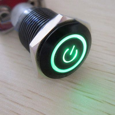 1PC Black Case 16mm Green Power Symbol LED 12V Push Button Metal ON/Off Switch