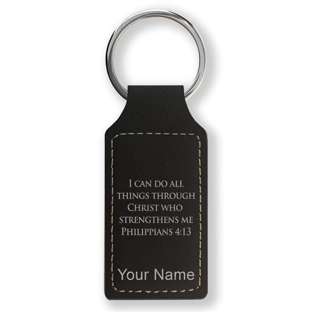 LaserGram Rectangle Keychain, Bible Verse Philippians 4-13, Personalized Engraving Included (Black with Silver)