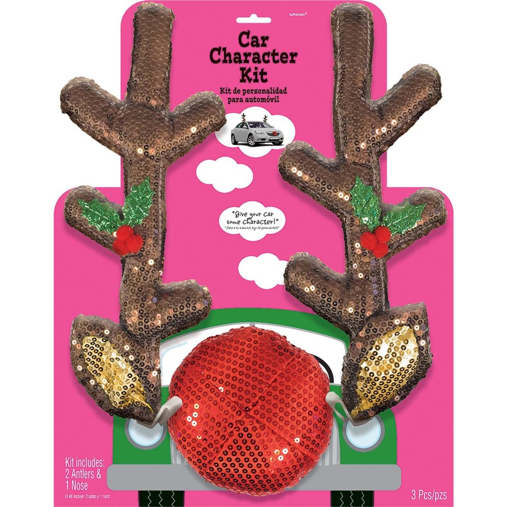 Glitzy Reindeer Car Kit (Pack of 3) - Eye-Catching Plush Antler and Nose Christmas Vehicle Decor, Perfect For Festive Celebrations & Holidays