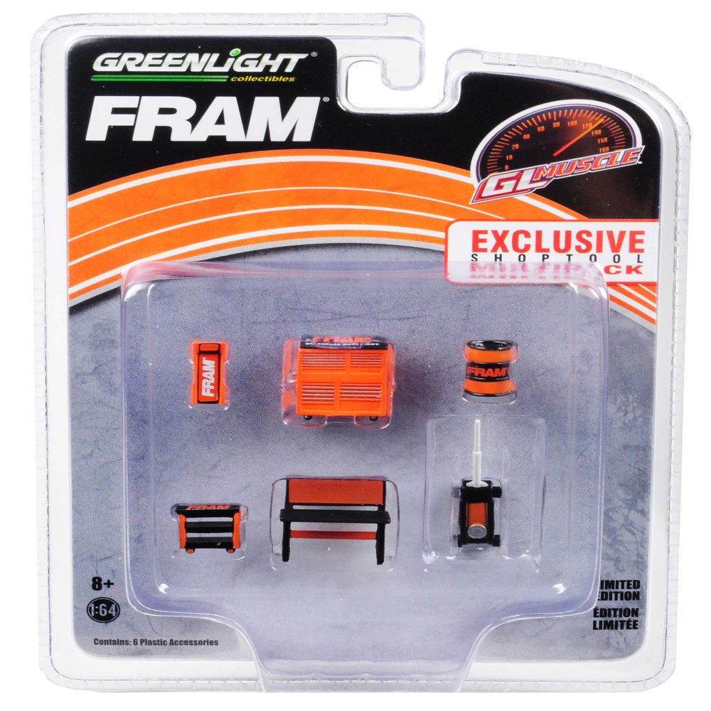 Greenlight Muscle 6 Piece Set Shop Tools FRAM Oil Filters 1/64 by Greenlight 13173