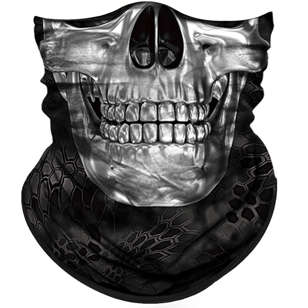 Obacle Half Face Mask - Sun Dust Wind Protection, Durable Tube Mask with Bandana Style, Skull Skeleton Design - Silver White with Neat Teeth, Unisex - Bike Riding, Motorcycle, Fishing, Hunting