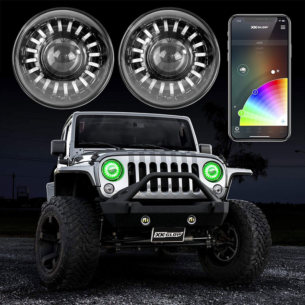 XKGLOW XK-7IN-JP-KIT-JL 2pc 7in App Control RGB Wrangler JL Headlight Kit with Mounting Brackets