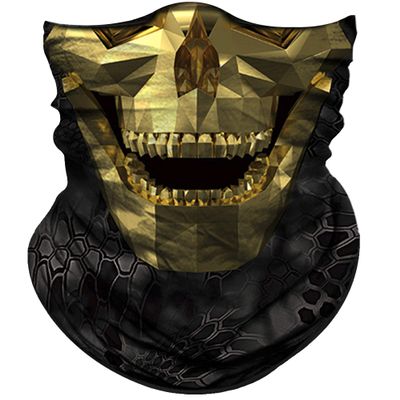 Obacle Skull Skeleton Face Mask - Half Sun Dust Wind Protection, Durable Tube Bandana for Men Women Bike Riding Motorcycle Fishing Cycling (Skull Geometry Gold Face Open Mouth)