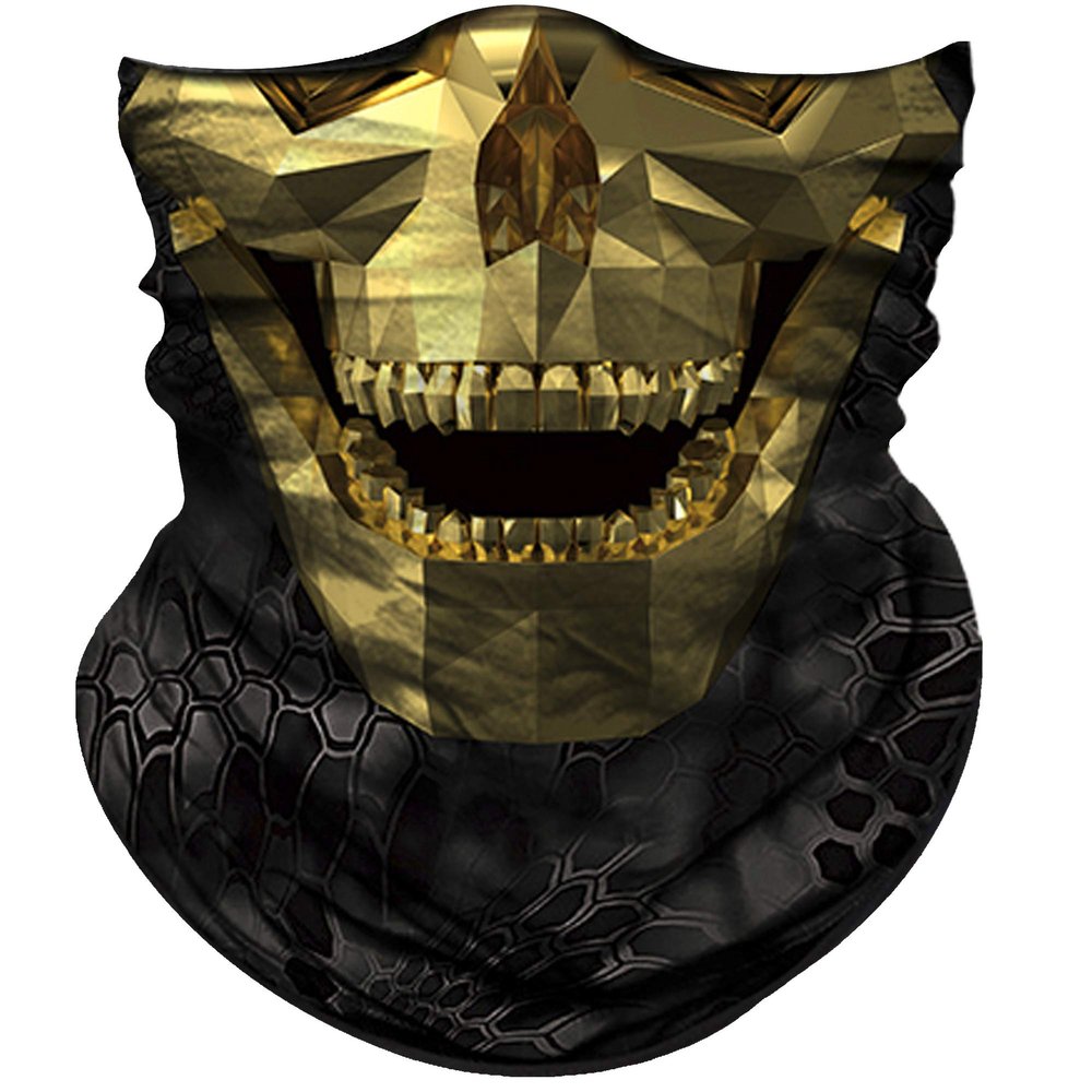 Obacle Skull Skeleton Face Mask - Half Sun Dust Wind Protection, Durable Tube Bandana for Men Women Bike Riding Motorcycle Fishing Cycling (Skull Geometry Gold Face Open Mouth)