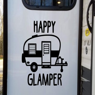 Black - Happy Glamper Vinyl Decal - RV Trailer Camping - Die Cut Decal 11w x 12h inches