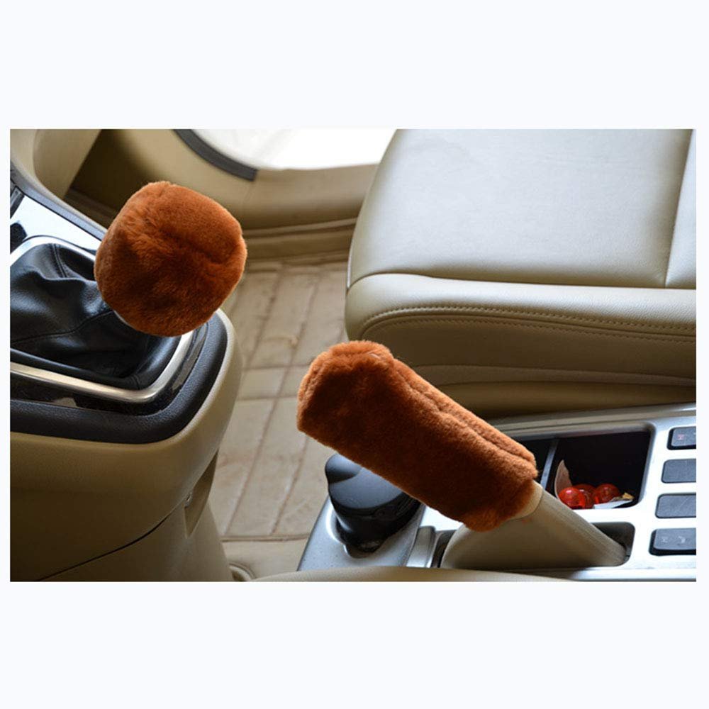 BlingSHD 2Pcs Set Soft Fluffy Auto Gear Shift Knob Cover Handbrake Grip Cover/Brown