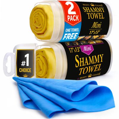 Premium 2pk Mini +1 Free Shammy Cloth for Car Drying - 17x13 - Super Absorbent Chamois Towel for Car - Scratch-Free, Reusable & Soft Cleaning Towel