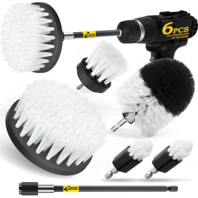 Holikme 6Pack Drill Brush Power Scrubber Cleaning Brush Extended Long Attachment Set All Purpose Drill Scrub Brushes Kit for Grout, Floor, Tub, Shower, Tile, Bathroom and Kitchen Surface White