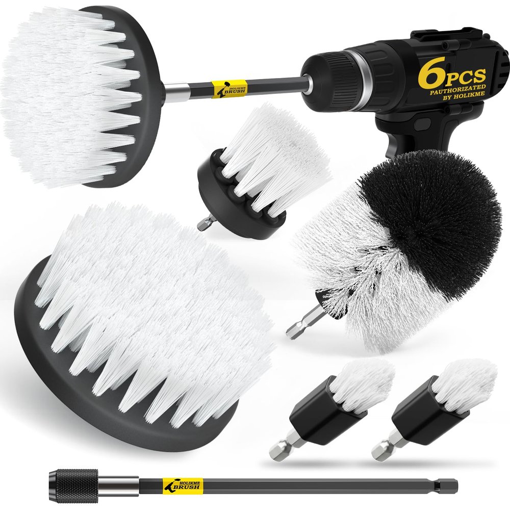 Holikme 6Pack Drill Brush Power Scrubber Cleaning Brush Extended Long Attachment Set All Purpose Drill Scrub Brushes Kit for Grout, Floor, Tub, Shower, Tile, Bathroom and Kitchen Surface White