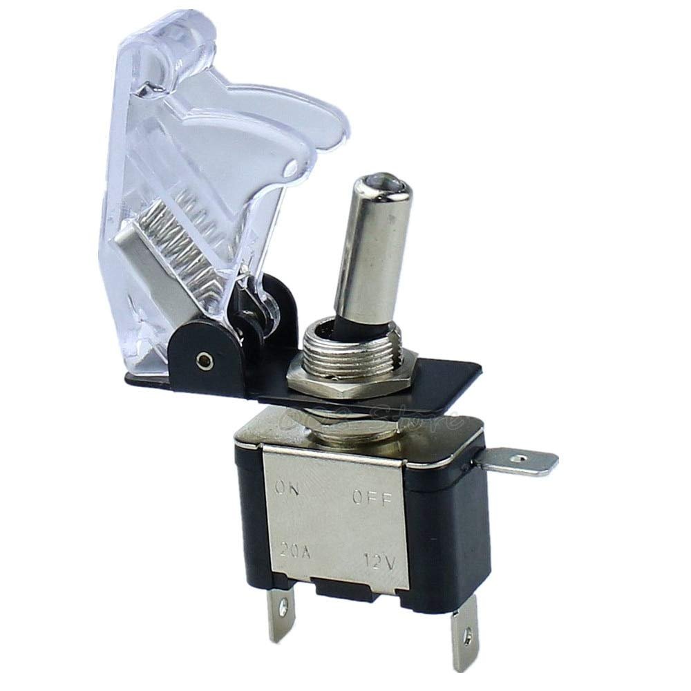 Mercury_Group, Illuminated Led Toggle Switch With Missile Style Flick Cover 12V Car Dash - (Color:White Transparent)