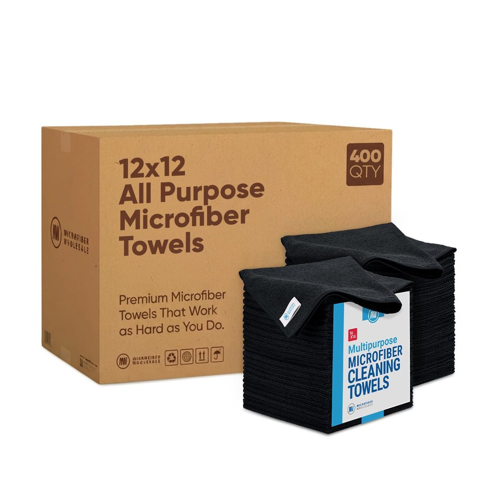 Bulk 16" x 16" All Purpose Microfiber Towels Wholesale - Case Quantity (200 Count) | Large | No Fraying | High Density Microfiber | Zero Chemical Cleaner | Long-Lasting (Black)