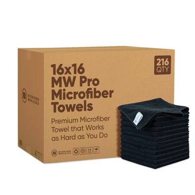 Microfiber Wholesale 16" x 16" Pro Multi Surface Microfiber Towels Bulk | Case: 216 Qty (Black)
