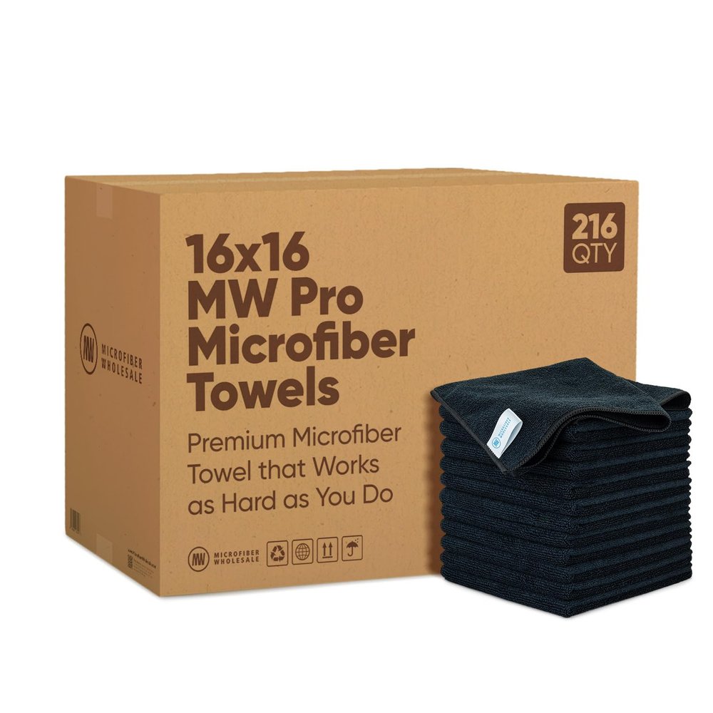 Microfiber Wholesale 16" x 16" Pro Multi Surface Microfiber Towels Bulk | Case: 216 Qty (Black)