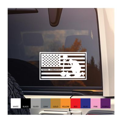 Kneeling Soldier Embedded in US Flag - 10 inch Wide Vinyl Decal in White