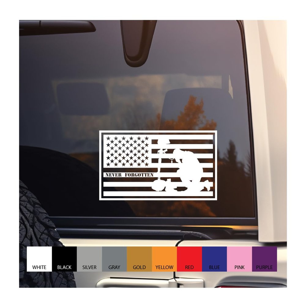 Kneeling Soldier Embedded in US Flag - 10 inch Wide Vinyl Decal in White