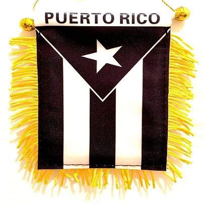 Puerto Rico Black & White Window Hanging Flag - Rear view Mirror & Double Sided - Fringed Puerto Rican Mini Banner with Suction Cup