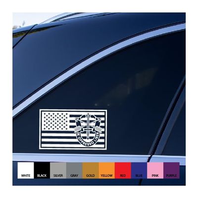 Special Forces Emblem Embedded in US Flag Vinyl Decal (White, 8 inches Wide)