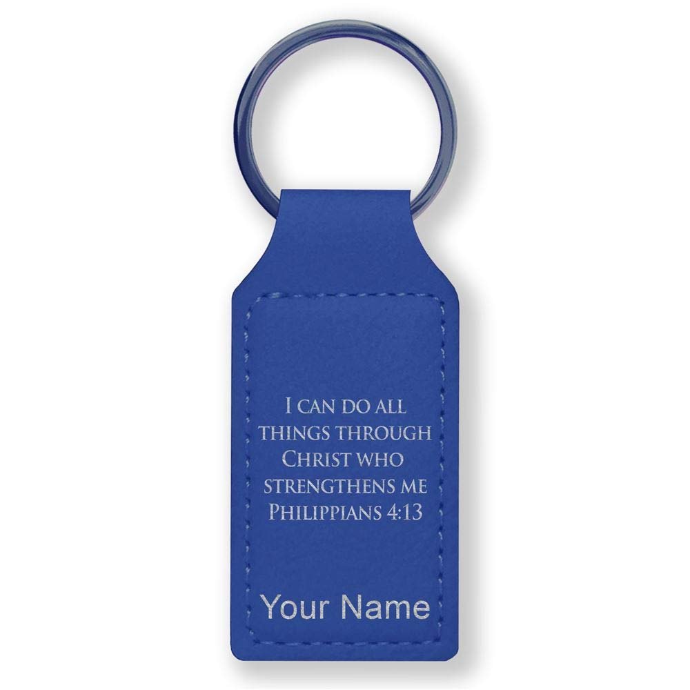 LaserGram Rectangle Keychain, Bible Verse Philippians 4-13, Personalized Engraving Included (Dark Blue)