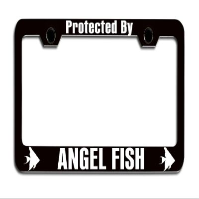 Makoroni - Protected BY Angel Fish Black Metal License Plate Frame Tag Holder, #i8