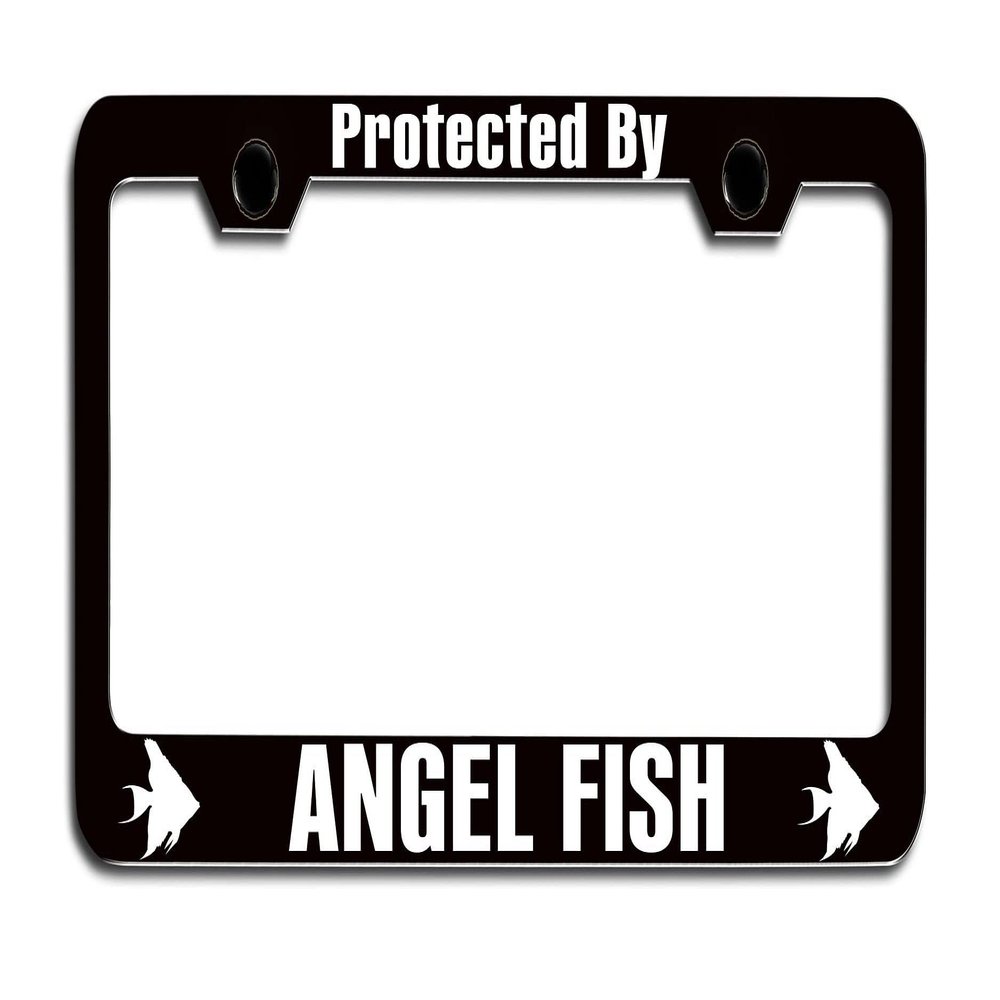 Makoroni - Protected BY Angel Fish Black Metal License Plate Frame Tag Holder, #i8