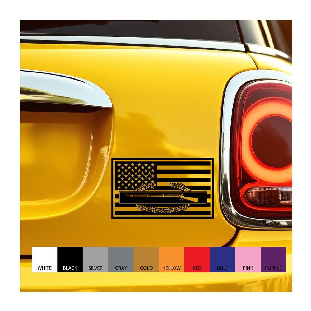 Combat Infantry Badge CIB Embedded in US Flag Vinyl Decal (Black, 12 inches Wide)