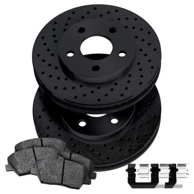 For 2008-2010 Porsche Cayenne PowerSport Rear Black Zinc Cross Drilled Brake Rotors Kit + Ceramic Brake Pads