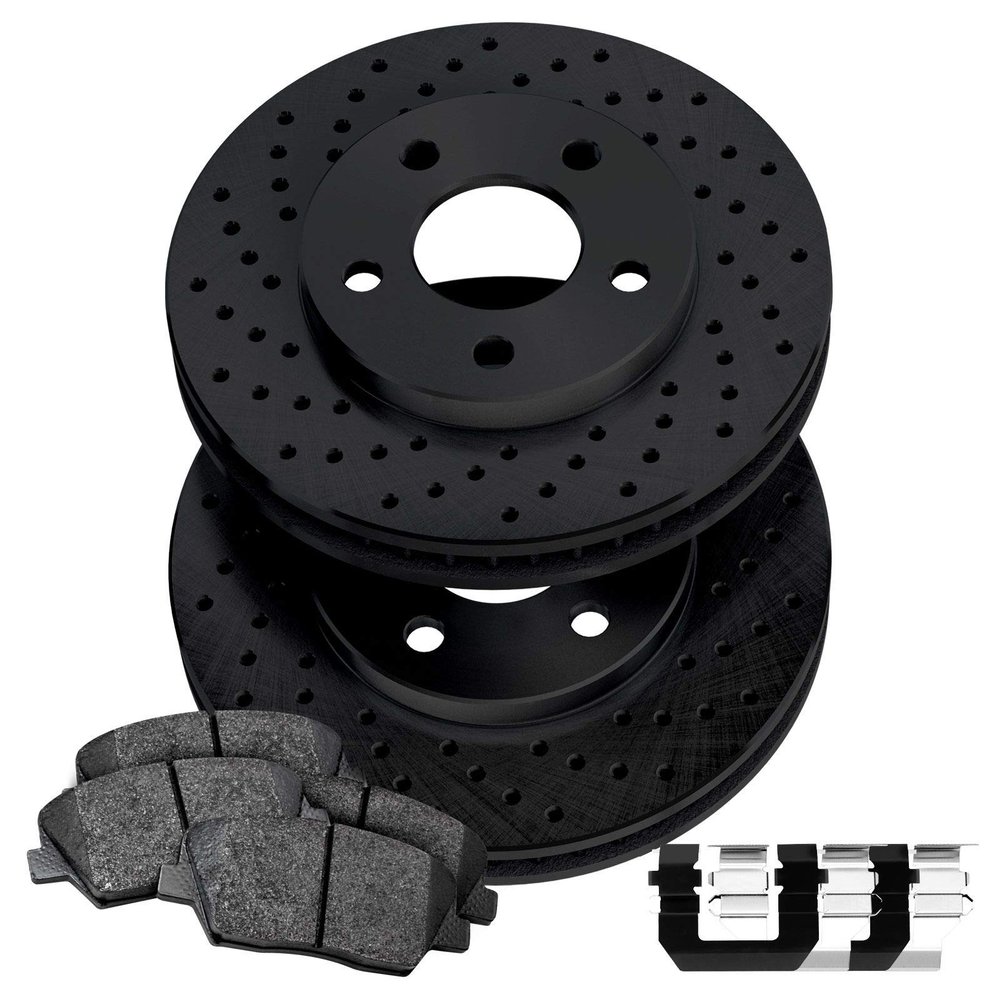 For 2008-2010 Porsche Cayenne PowerSport Rear Black Zinc Cross Drilled Brake Rotors Kit + Ceramic Brake Pads
