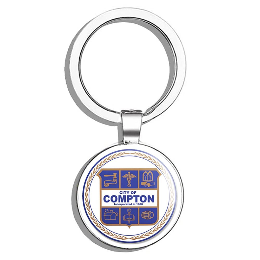 PRS Vinyl Round Compton City Seal - Logo California Window Double Sided Stainless Steel Keychain Key Ring Chain Holder Car/Key Finder