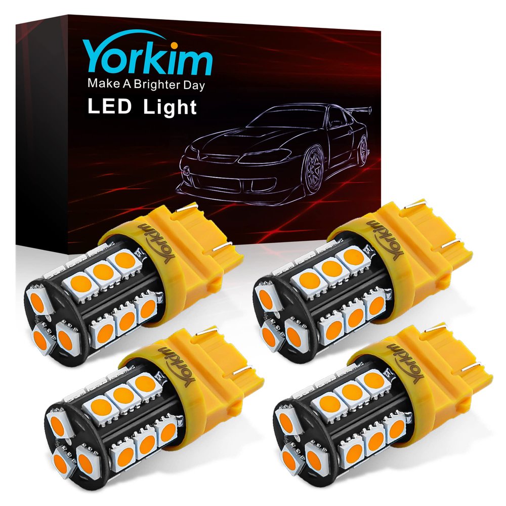 Yorkim 3157 LED Light Bulbs Amber Super Bright, 3056 3156 3156A 3057 4057 3157 4157 T25 LED Bulbs for Brake Lights, Backup Reverse Lights, Reverse Tail Lights - Pack of 4