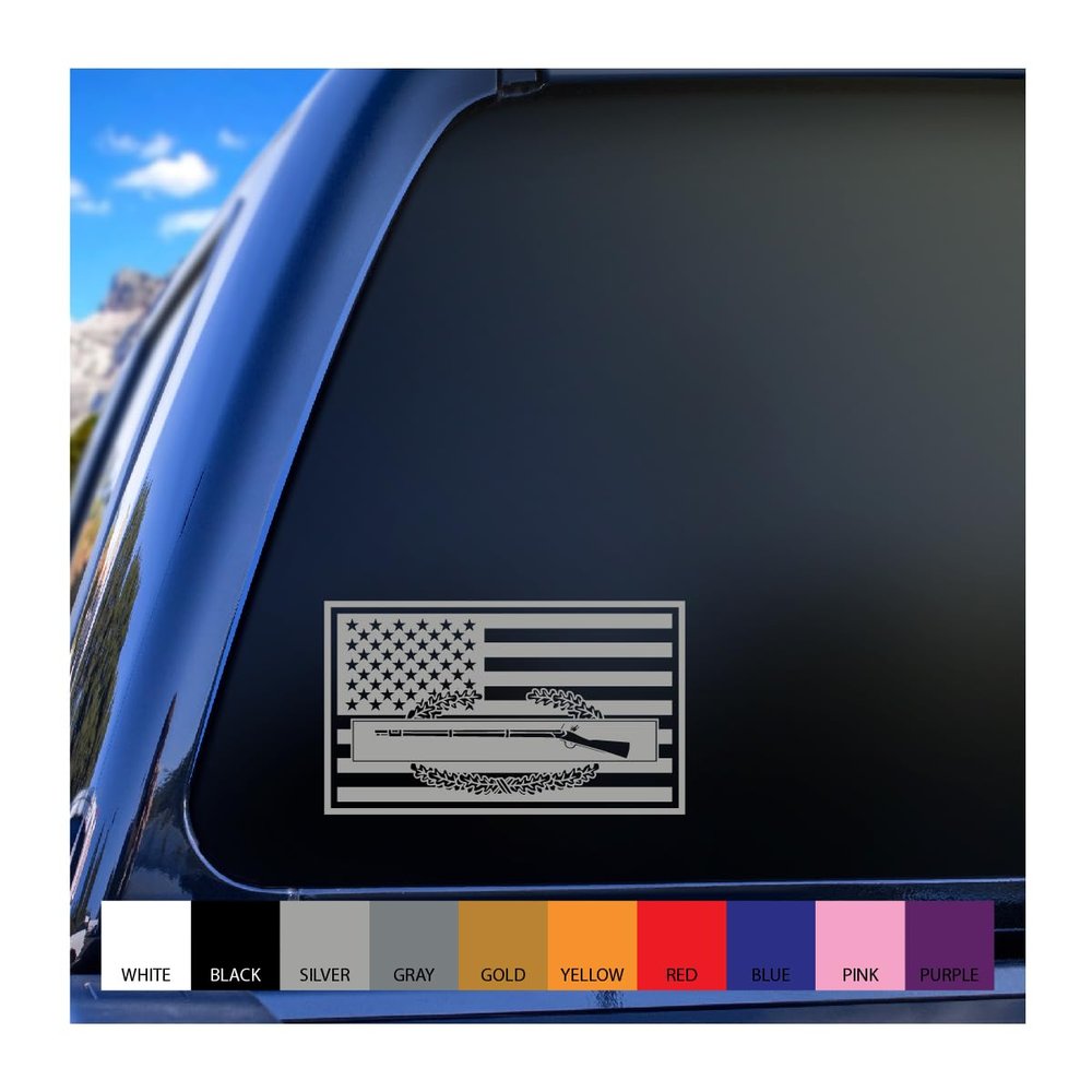 Combat Infantry Badge CIB Embedded in US Flag Vinyl Decal (Gray (Silver), 16 inches Wide)