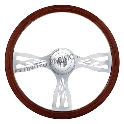 United Pacific 88180 Steering Wheel, 18" Flame Style Wood, for 2006+ Peterbilt and 2003+ Kenworth Trucks