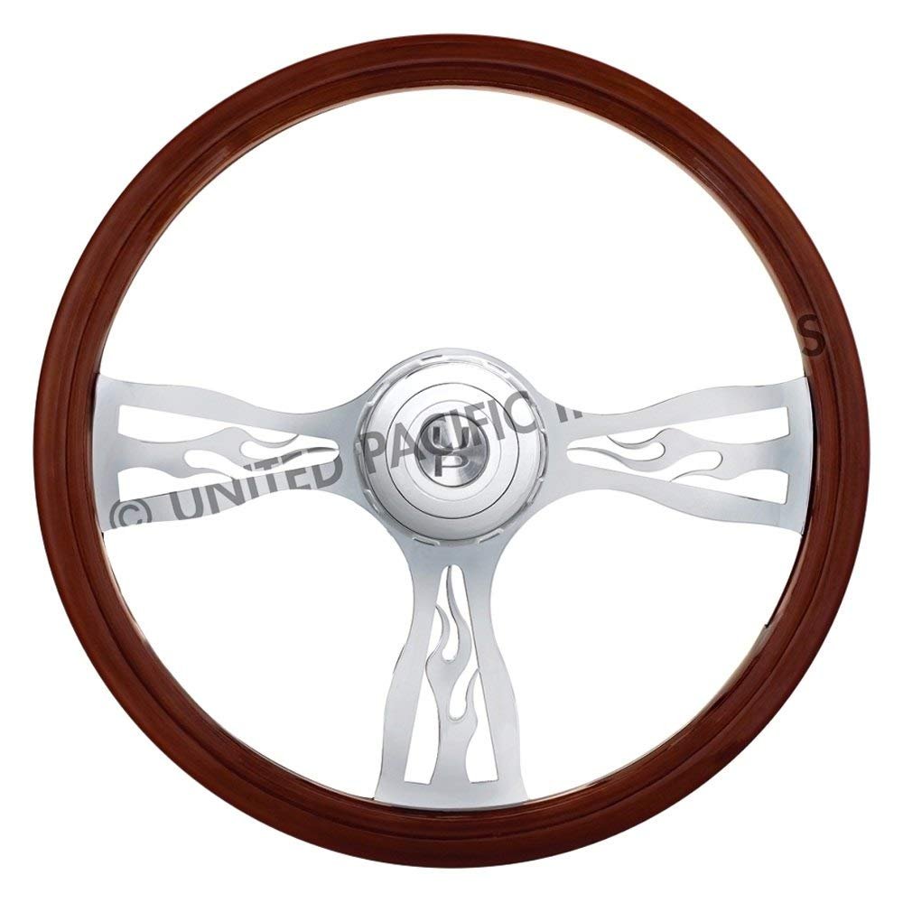 United Pacific 88180 Steering Wheel, 18" Flame Style Wood, for 2006+ Peterbilt and 2003+ Kenworth Trucks