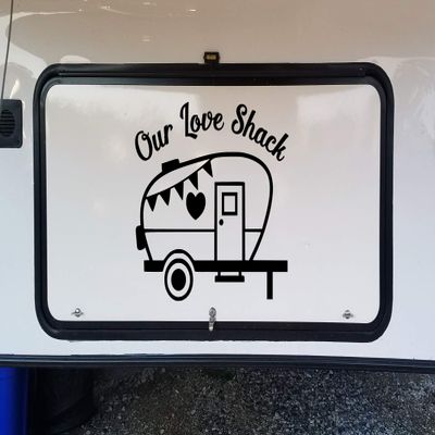 Black Our Love Shack Vinyl Decal - Camping Trailer RV - Die Cut Sticker - 18w x 15h inches