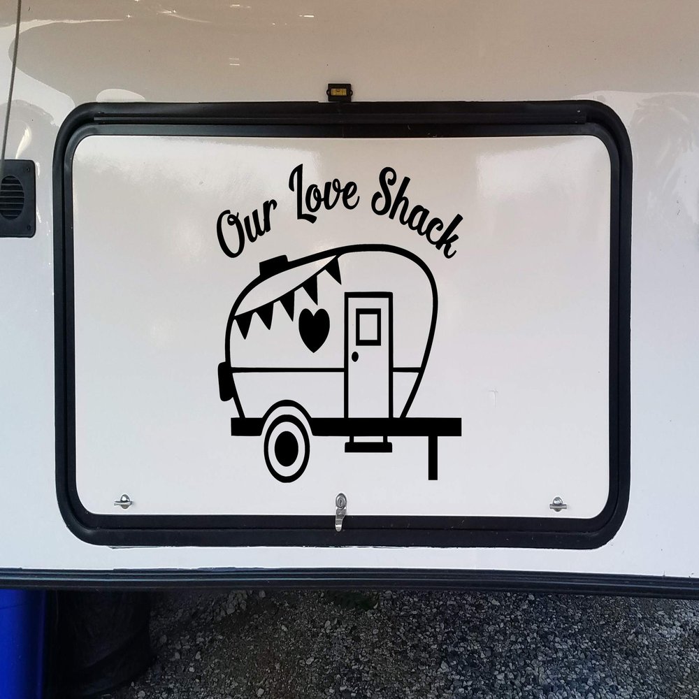 Black Our Love Shack Vinyl Decal - Camping Trailer RV - Die Cut Sticker - 18w x 15h inches