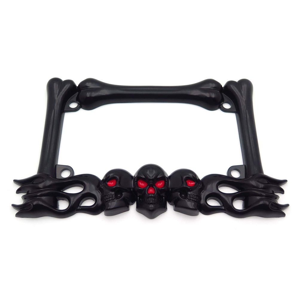 HongK- Black Metal Skull Motorcycle License Plate Tag Frame Holder Compatible With H-D