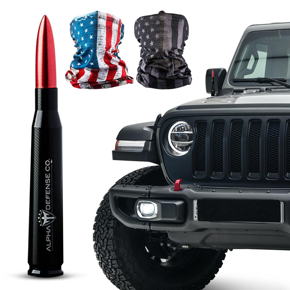 Alpha Defense Round Style Antenna 50 Cal Round Shaped Aluminum Rust Resistant 5.5" Jeep Wrangler + Most Trucks Radio Antenna + Face Shield Alpha Defense Set of 2 (Red)