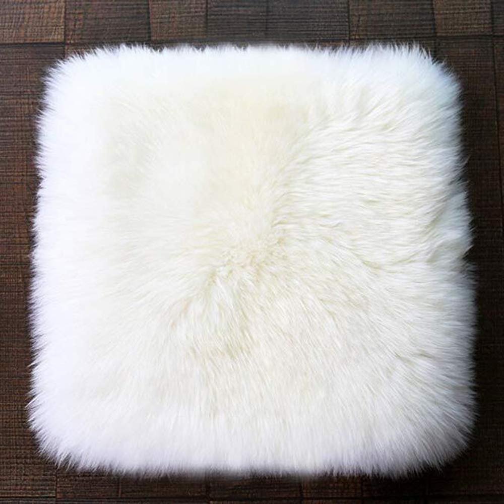 LOVEHOME Square Sheepskin Chair Cushion,Fluffy Wool Car Interior Seat Cover,Soft Seat Cushion Warm Fit for Auto Square Table-White 45x45cm(18x18inch)