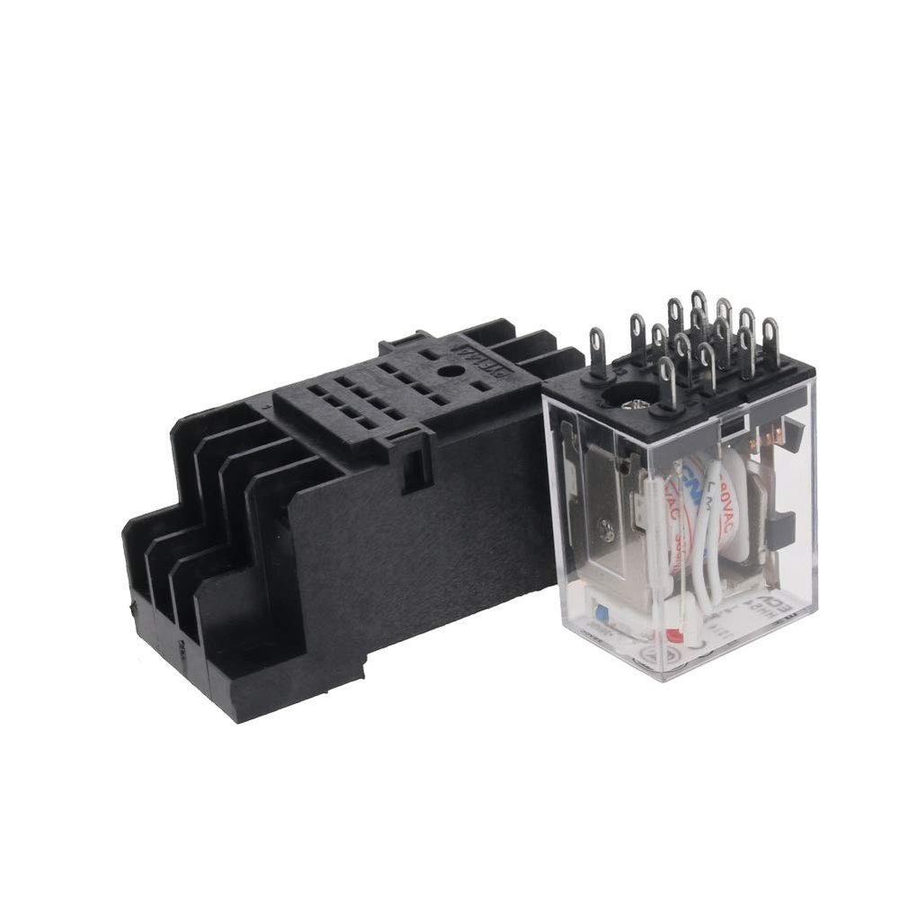 Fielect HH54P AC380V Coil Voltage 14Pin 3A DPDT Electromagnetic Power Relay with Socket and Indicator Light, 4NO 4NC Black and White