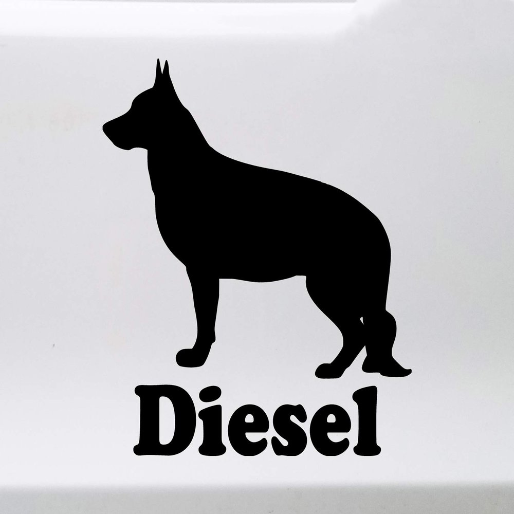 Minglewood Trading Grey - German Shepherd with Personalized Name Vinyl Decal V2 - Dog Puppy GSD - Die Cut Sticker - 6w x 6h inches