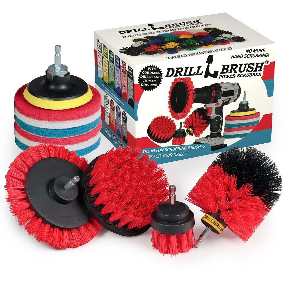 Drillbrush Commercial Heavy Duty Scouring Pads and Scrubber Set Drill Powered Nylon Scrub Brush Attachment Set Outdoor Cleaning Drill Brush Power Scrubber
