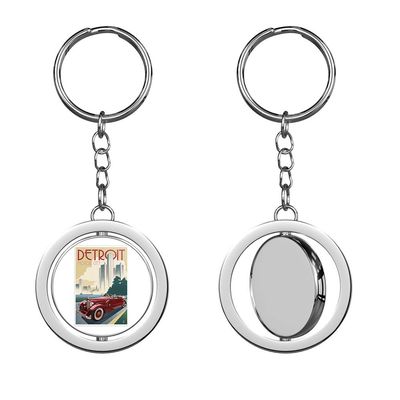 PRS Vinyl Vintage Art Detroit Motor City - mi Michigan rv Visit Travel Keychain Spinning Round Chrome Metal Key Chain