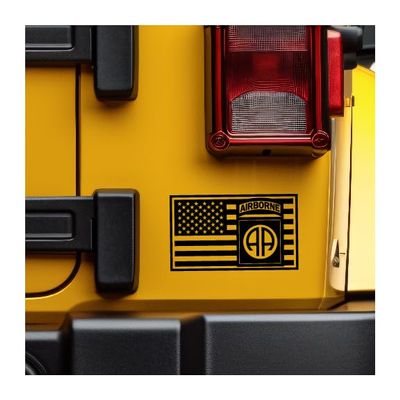 82nd Airborne Patch Embedded in US Flag Vinyl Decal (Black, 8 inches Wide)