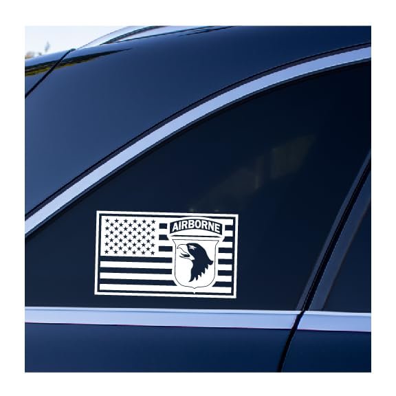 101st Airborne Patch Embedded in US Flag Vinyl Decal (White, 6 inches Wide)