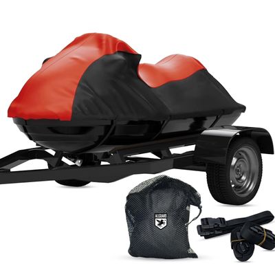 Weatherproof Jet Ski Cover Compatible with 2020 Kawasaki STX 160 - RED/Black Color - Trailerable - Protects from Rain, Sun, and More! Includes Trailer Straps and Storage Bag