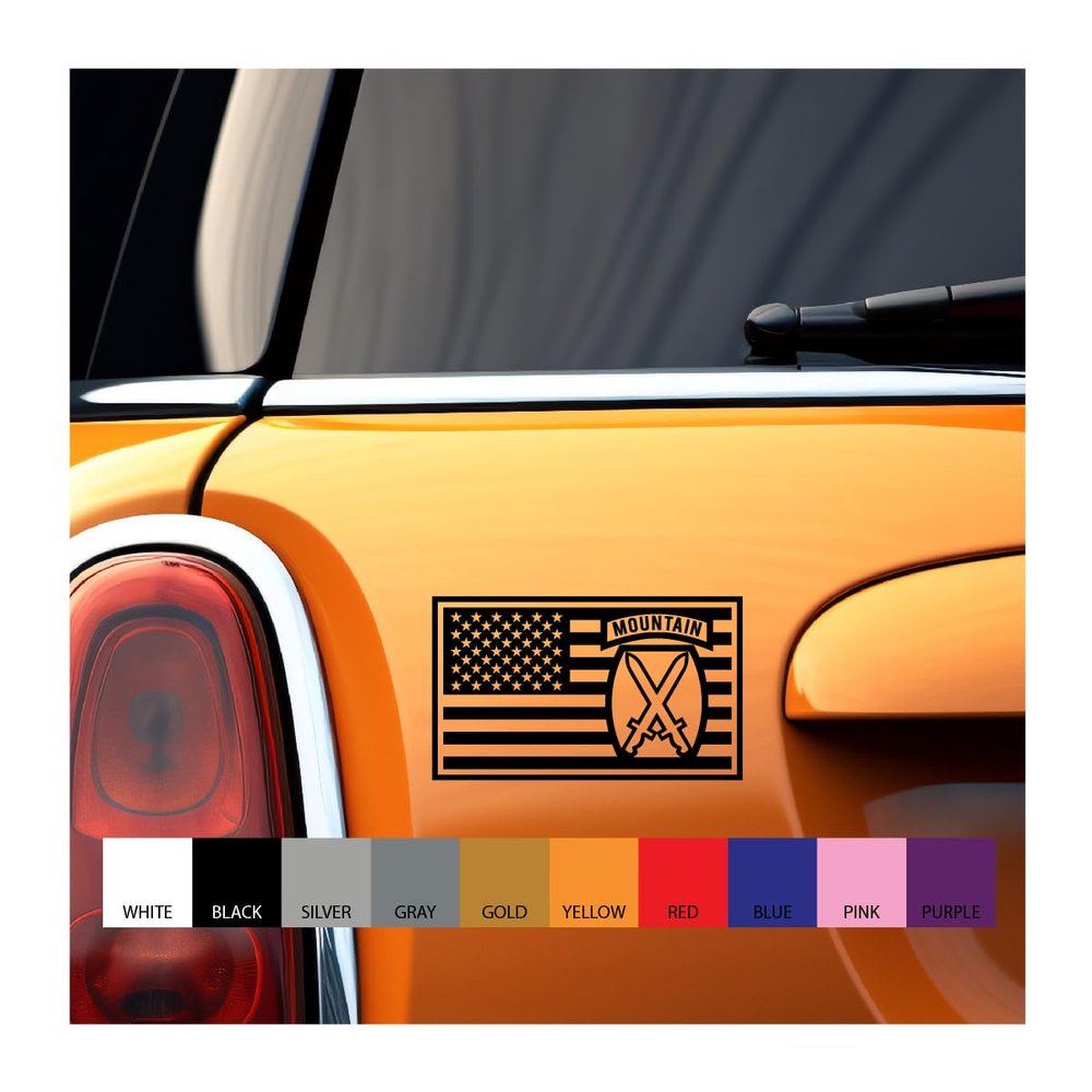 10th Mountain patch embedded in US Flag Vinyl Decal (Black, 6 inches wide)