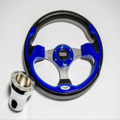 Huskey 12.5 Inch Racing Style Golf Cart Steering Wheel Cobalt Blue for EZGO Gas & Electric Models, Brushed Aluminum Spokes, SS Center Logo, and Textured Anti-Slip Grip
