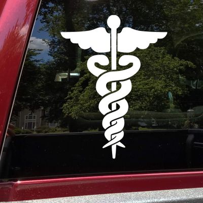 White - Caduceus Symbol Vinyl Decal - Medical Logo Medicine ER Nurse EMT - Die Cut Sticker - 16w x 20h inches